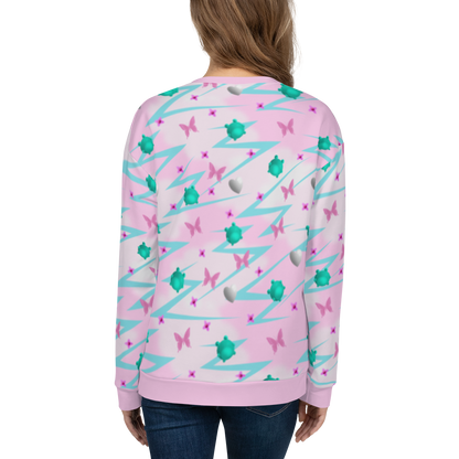 Stunning Yume Kawaii pink Fairy Kei Harajuku aesthetic design unisex sweatshirt, with turquoise blue frogs and pink butterflies, silver hearts and pink flowers in a mystical pattern of decora kei and pop kei design on this sweater by BillingtonPix