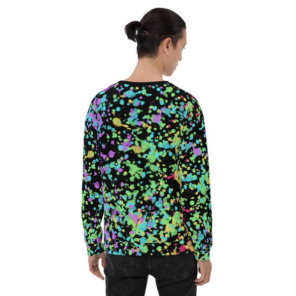 Multicolored LGBTQ Pride themed unisex sweatshirt with rainbow flag colored paint splats and a sickly mochi mouse in pink against a bright pink nebula with dark crosses and spooky eyeballs on this Menhera kei and Yami Kawaii Harajuku fashion pullover