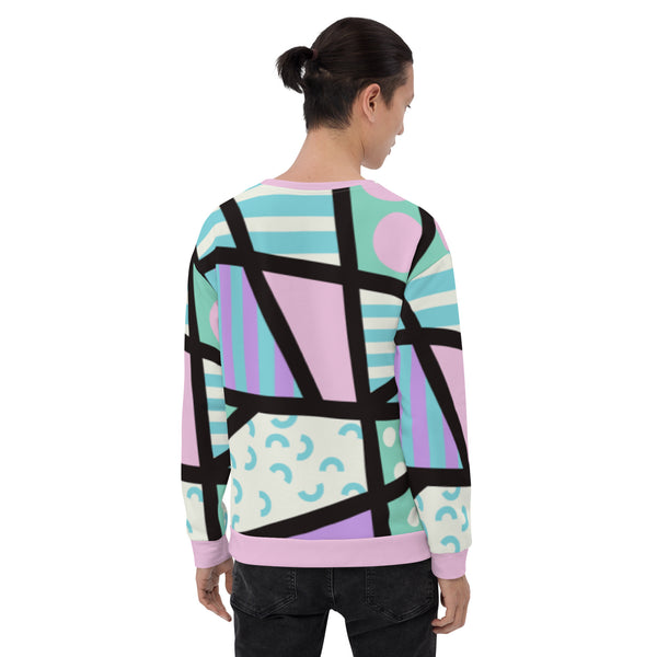 Pastel kawaii Harajuku patterned sweatshirt in pink, with Pastel Goth black criss-cross stripes. Geometric shapes in pastel grunge style with a Yami Kawaii vibe on this unique pullover sweater by BillingtonPix