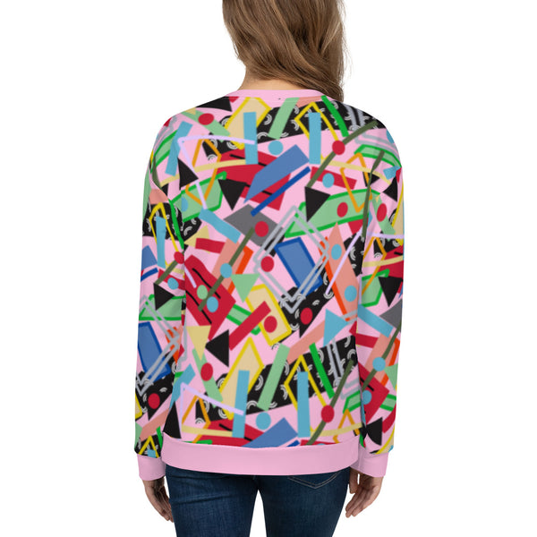 80s memphis style all over print sweatshirt in pink with geometric shapes in a crazy pattern like an arcade carpet. Fun sweater top in green, blue, red and orange two dimensional shapes and colors.