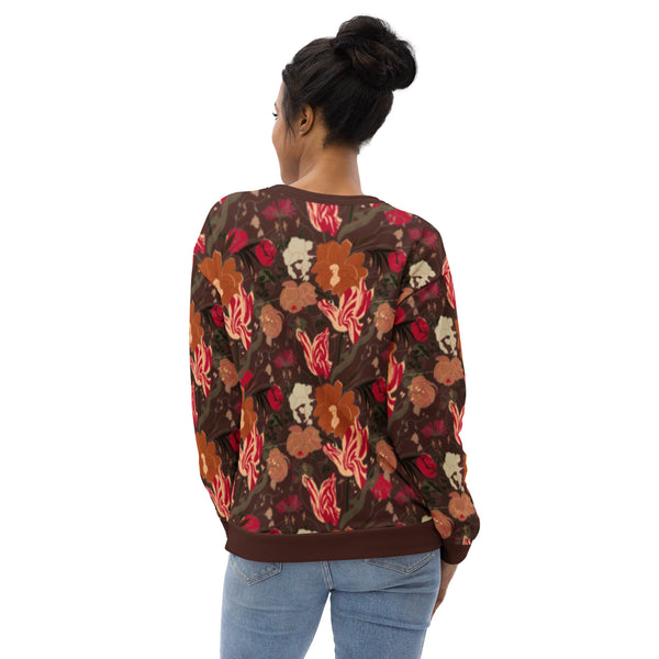 Victorian gothic dark academia and dark cottagecore all-over print floral sweatshirt in ox-blood red with viva magenta tulips and rich browns and oranges. Unisex long sleeve with crew neck, waistband and cuffs in matching brown. 