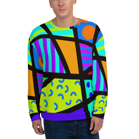 Vibrant retro 80s Memphis style sweatshirt with bold, bright patterns and colours by BillingtonPix