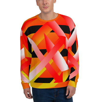 90s retro style geometric patterned sweatshirt in tones of orange, red, yellow, black and white by BillingtonPix