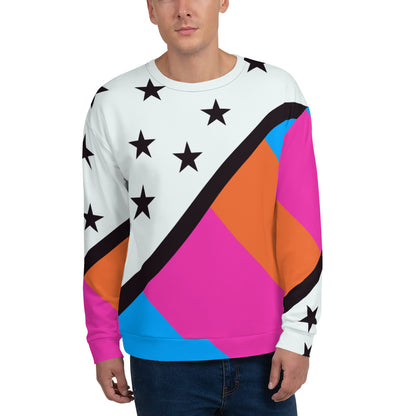 80s Memphis style sweatshirt with black stars and blue, orange and pink stripes by BillingtonPix