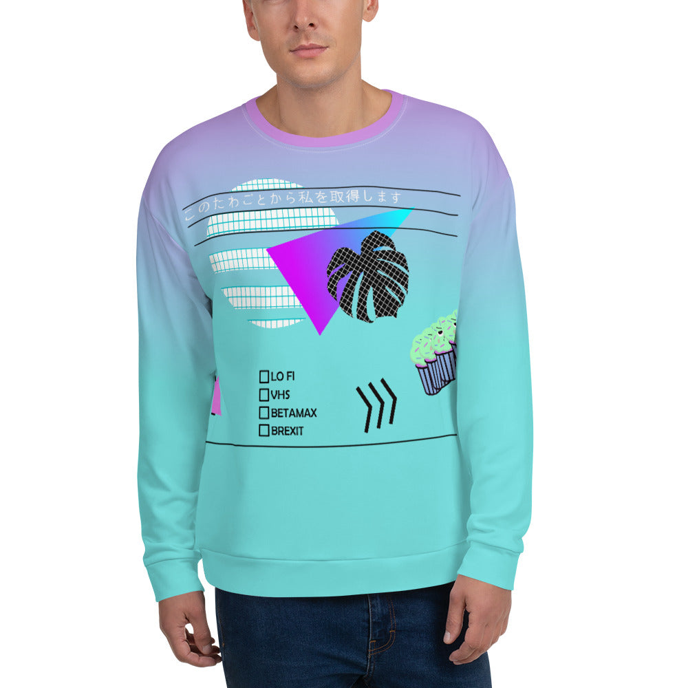 Japanese vaporwave design sweat shirt by BillingtonPix, containing gradient turquoise to pink background and geometric shapes and symbols including vintage sunset and monstera in 80s style graph paper design, grumpy cupcakes, checkboxes including Lo Fi, VHS, Betamax and Brexit options and the Japanese script このたわごとから私を取得します translated as Get me out of this shit.