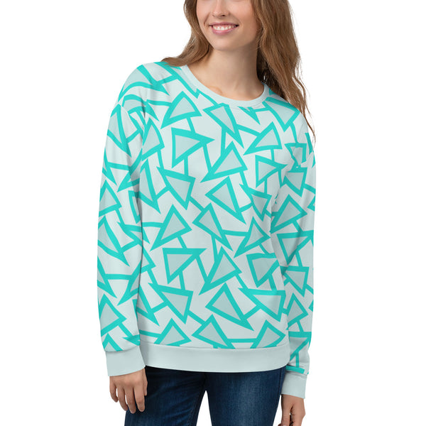 Popular 80s Memphis triangular theme of geometric triangle shapes connected with stalks in a turquoise and mint colour palette on this sweatshirt pullover by BillingtonPix
