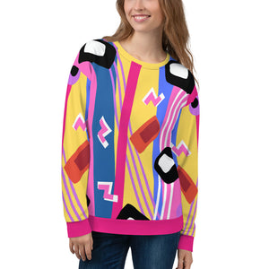 Zany, crazy, mad patterned unisex sweatshirt pullover in blue, red, yellow and purple pattern of lines, squiggles, blobs and stripes by BillingtonPix