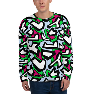 Funky patterned sweatshirt in a geometric 80s Memphis design all-over pattern, in black, white, red and green against a pale blue background on this sweater or pullover by BillingtonPix
