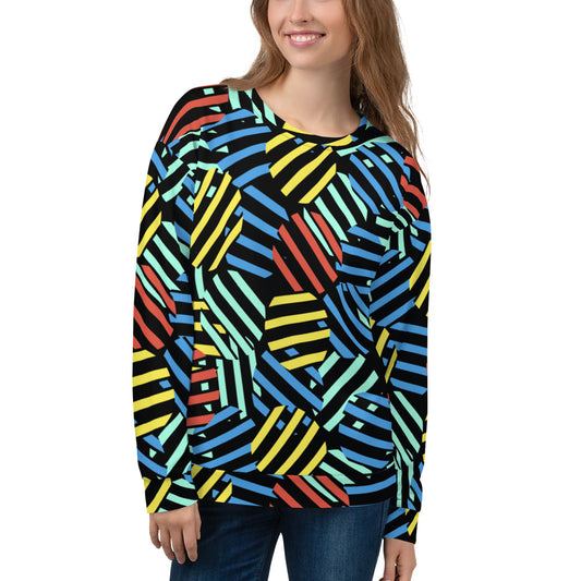 Colourful 80s Memphis design graphic sweatshirt consisting of circular pattern overlays in red, yellow, orange and blue on this black sweatshirt pullover by BillingtonPix