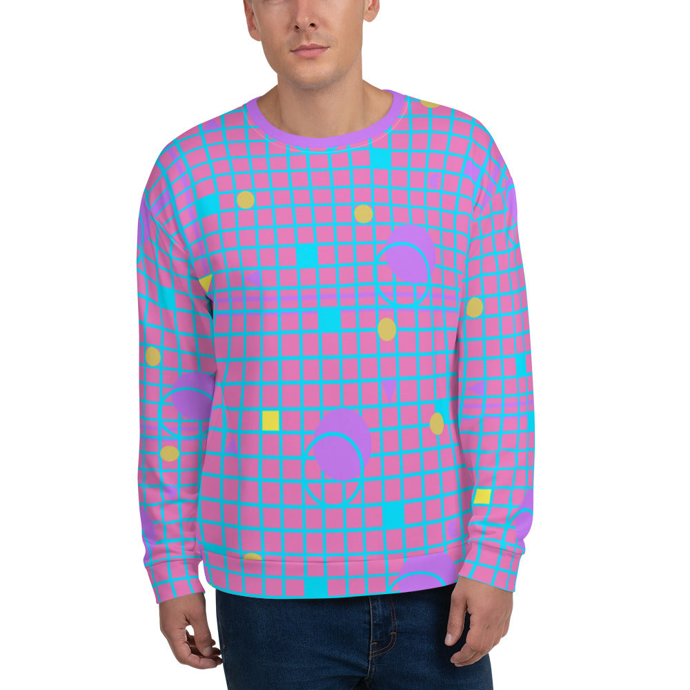 Harajuku geometric patterned unisex sweatshirt top in mauve, pink, blue and yellow, consisting of a grid background in mauve and pink and 80s Memphis design on these festival tops by BillingtonPix