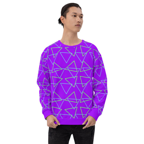 Synthwave blue and green neonwave vaporwave style triangles against a vivid purple background on our sweatshirt by BillingtonPix