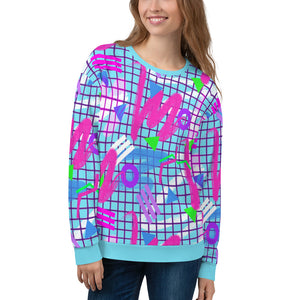 Colourful squiggles and geometric shapes in an 80s Memphis design and 90s Vaporwave style in pink, purple, green and blue, unisex sweatshirt sweater pullover by BillingtonPix