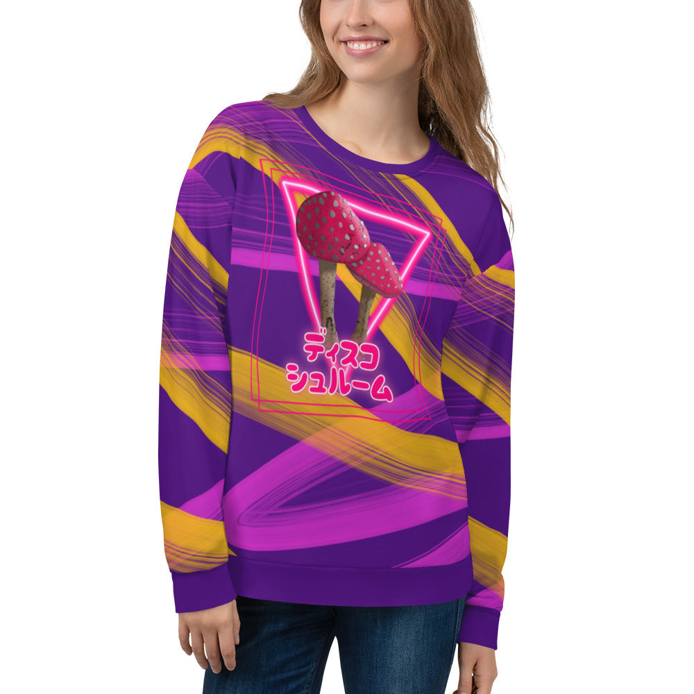 Disco Shroom sweatshirt sweater pullover with a neonwave style design, neon lighting, stripes and vibe in tones of pink, red and yellow. Shows two mushrooms in the centre in front of a neon triangle and the Japanese words ディスコ シュルーム meaning Disco Shroom. Swirling tones of lilac and amber yellow against a purple background on in an all-over pattern on this graphic sweatshirt  by BillingtonPix