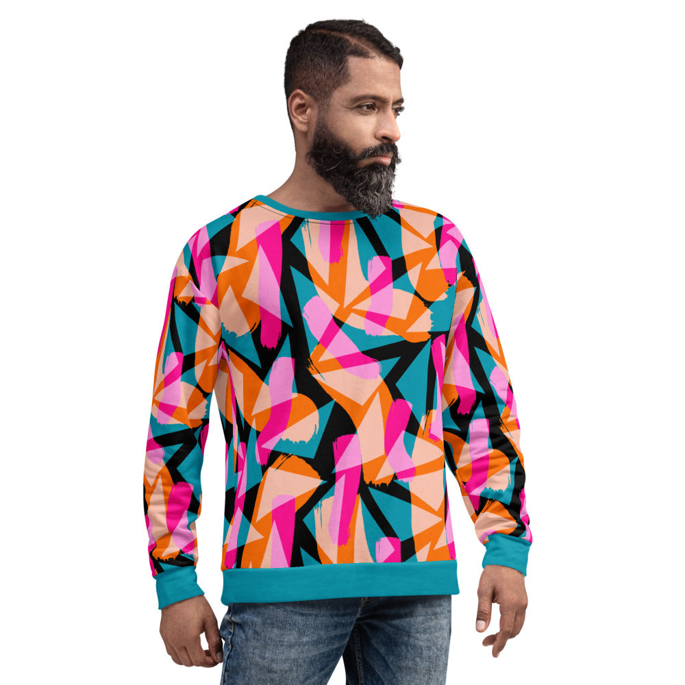 Geometric patterned 90s Memphis design men's gym sweatshirt athleisure streetwear fashion in colorful tones of pink, turquoise green and orange against a black background on this Harajuku design sweater pullover by BillingtonPix