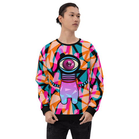 Cute alien robot with a humanoid eye and awesome Vaporwave Memphis retro style bodywork against a pattern of colourful abstract and geometric shapes on this kooky sweatshirt by BillingtonPix
