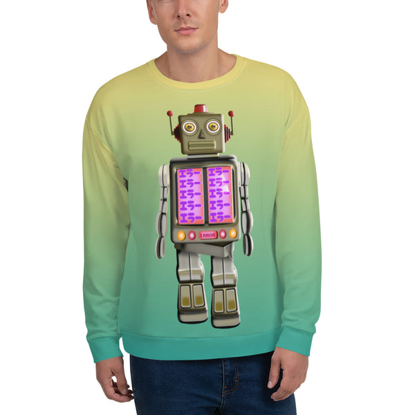 Stylish Retro Futurism style robot design sweatshirt with hints of 80s Vaporwave and Synthwave electronica. With a front portal containing a liquid crystal screen with the message repeated in Japanese of ERROR this robot is malfunctioning and is also very cool. Design by BillingtonPix