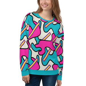 Unisex patterned sweatshirt for men and women in pink, turquoise, yellow and purple curvy and stick shapes against a cream background on this pullover by BillingtonPix