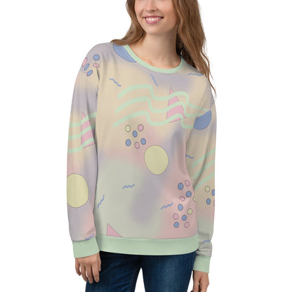 90s Y2K athleisure fashion style sweatshirt with 80s Memphis design geometric shapes including circles, triangles and squiggles against a pastel abstract background on this funky sweater pullover by BillingtonPix