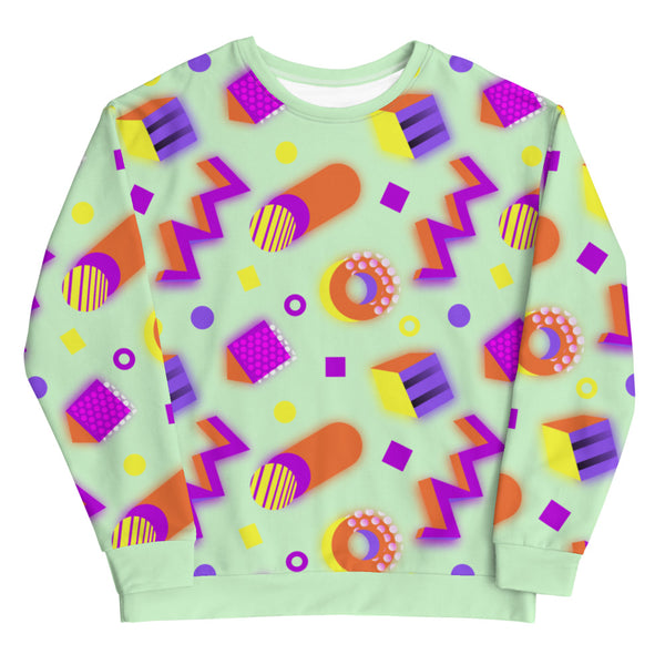 Kawaii Harajuku Memphis design sweatshirt in colourful geometric shapes of purple, orange and yellow against a pale green background on this sweatshirt sweater by BillingtonPix