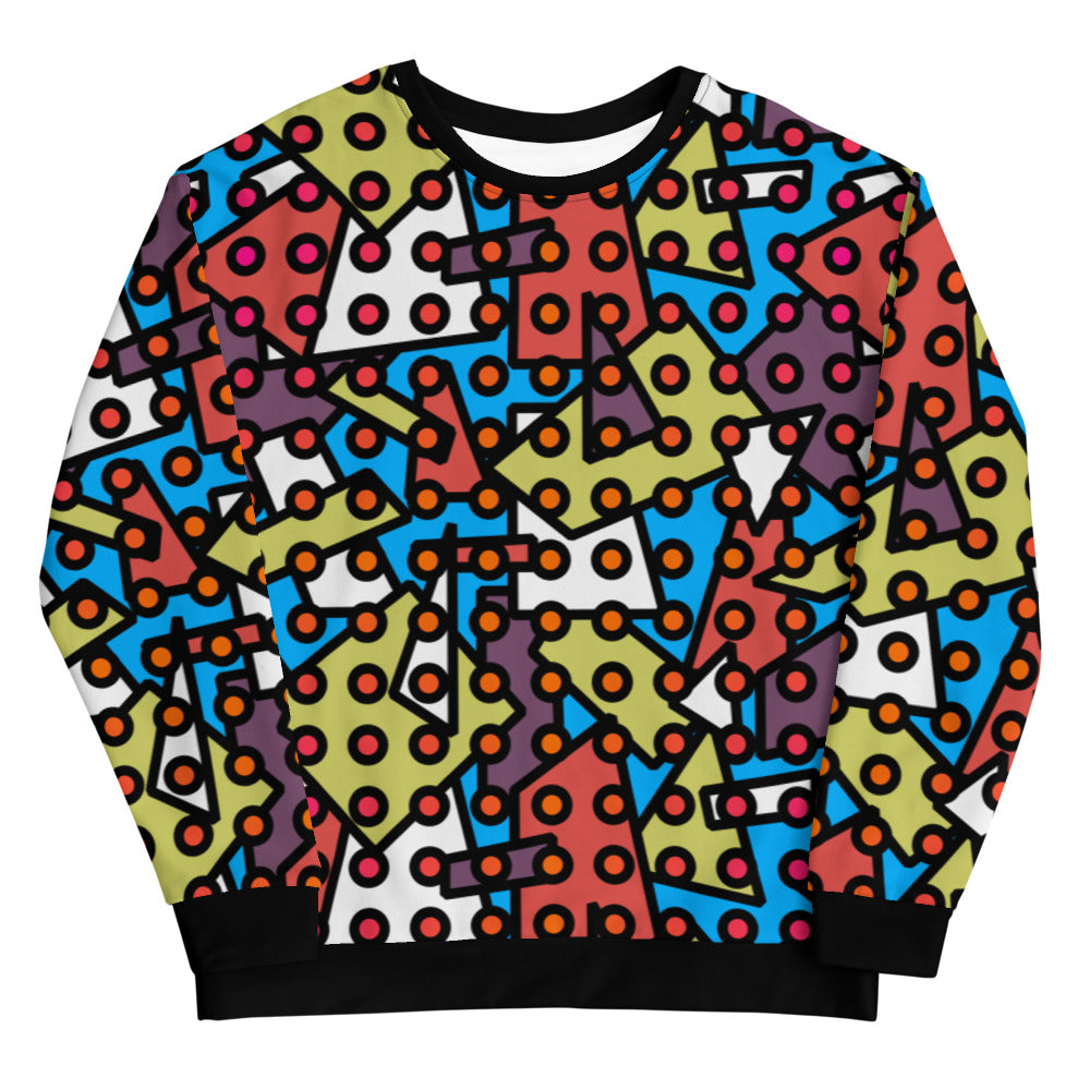 Dots and geometric shapes design in a pseudo retro style 80s Memphis design on this all-over patterned sweatshirt pullover by BillingtonPix