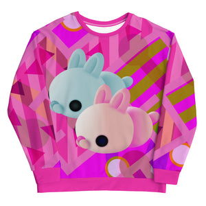 Pink geometric patterned retro 80s style kawaii harajuku pullover jumper with cute mochi bunny rabbits by BillingtonPix