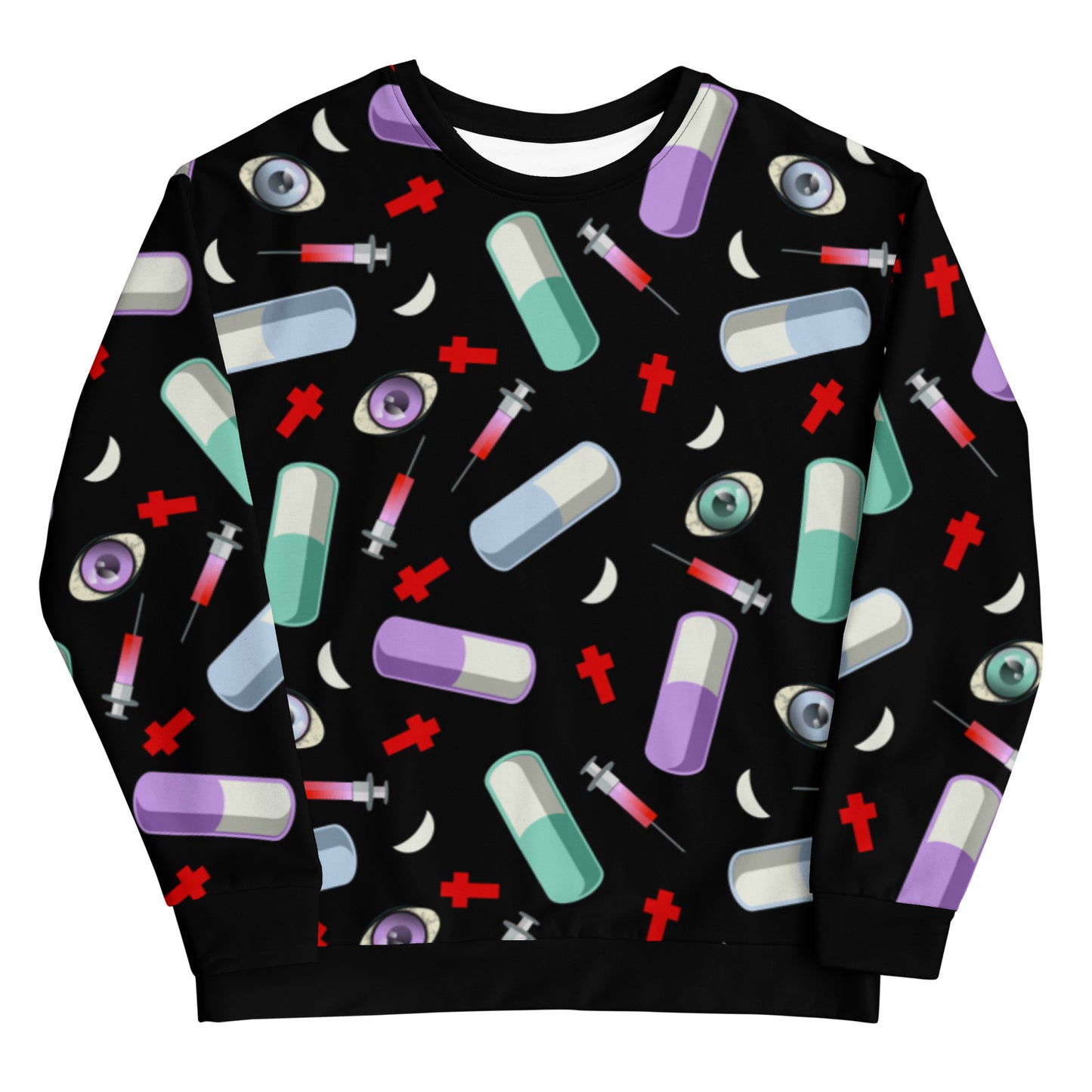 Pastel Goth Menhera Kei aesthetic all over print sublimation with pills, syringes, crosses and eyeballs for a Yami Kawaii fashion look on this black sweatshirt sweater by Billingtonpix