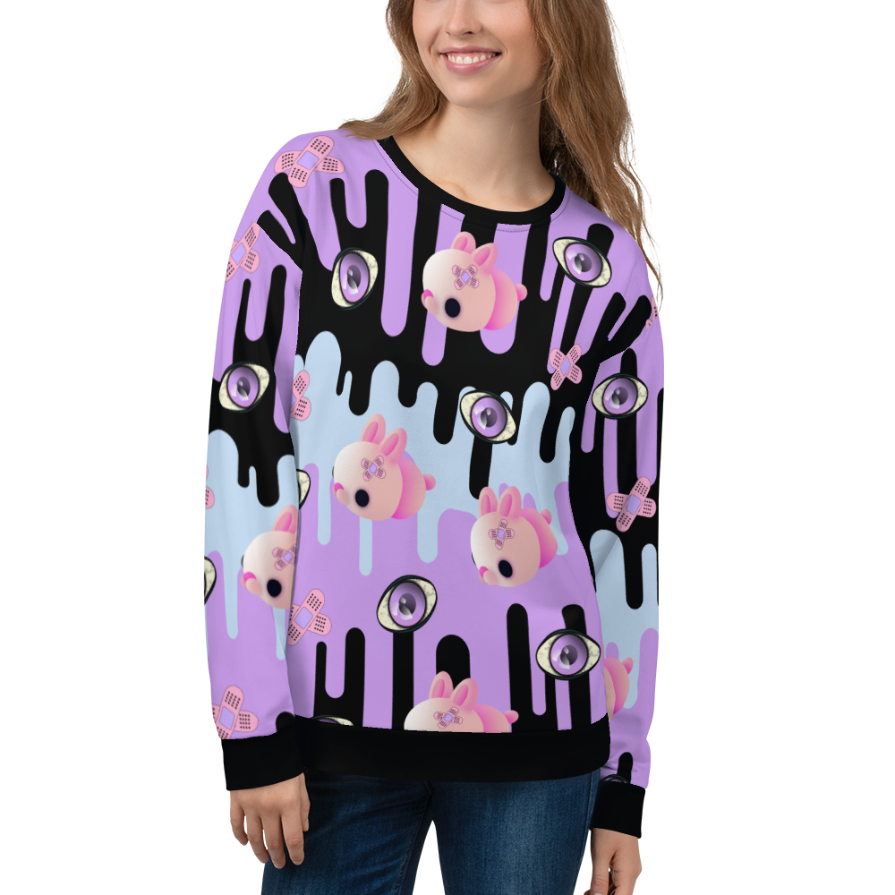 Menhera Kei Yami Kawaii mochi mouse patterned sweatshirt with cute pink mice, sticking plasters and eery purple eyeballs against a dripping background in pastel goth tones of purple, black and powder blue on this unisex sweatshirt or sweater by BillingtonPix