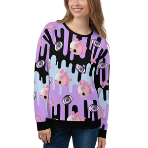 Menhera Kei Yami Kawaii mochi mouse patterned sweatshirt with cute pink mice, sticking plasters and eery purple eyeballs against a dripping background in pastel goth tones of purple, black and powder blue on this unisex sweatshirt or sweater by BillingtonPix