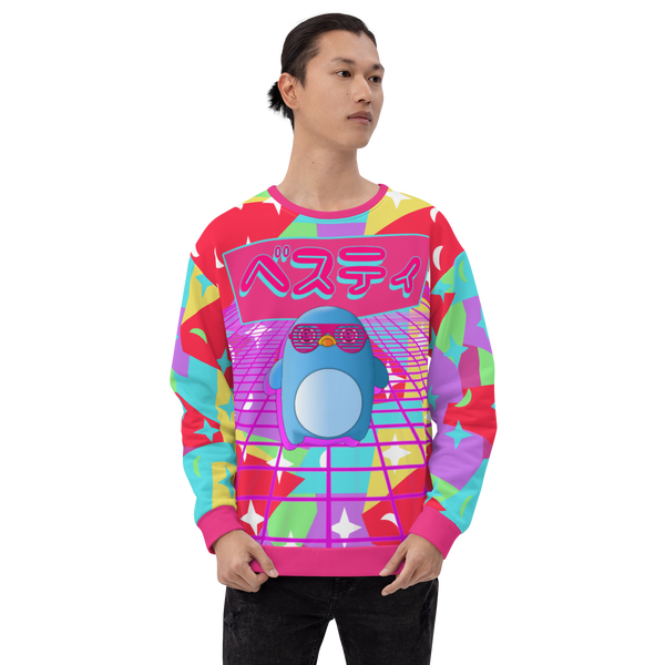 Brightly coloured unisex sweatshirt with a Yume Kawaii Harajuku aesthetic, featuring a blue mochi penguin in red sunglasses below a sign that says Bestie in Japanese and in front of a colourful geometric pattern in red, turquoise blue, green, yellow and purple on this sweater by Billingtonpix