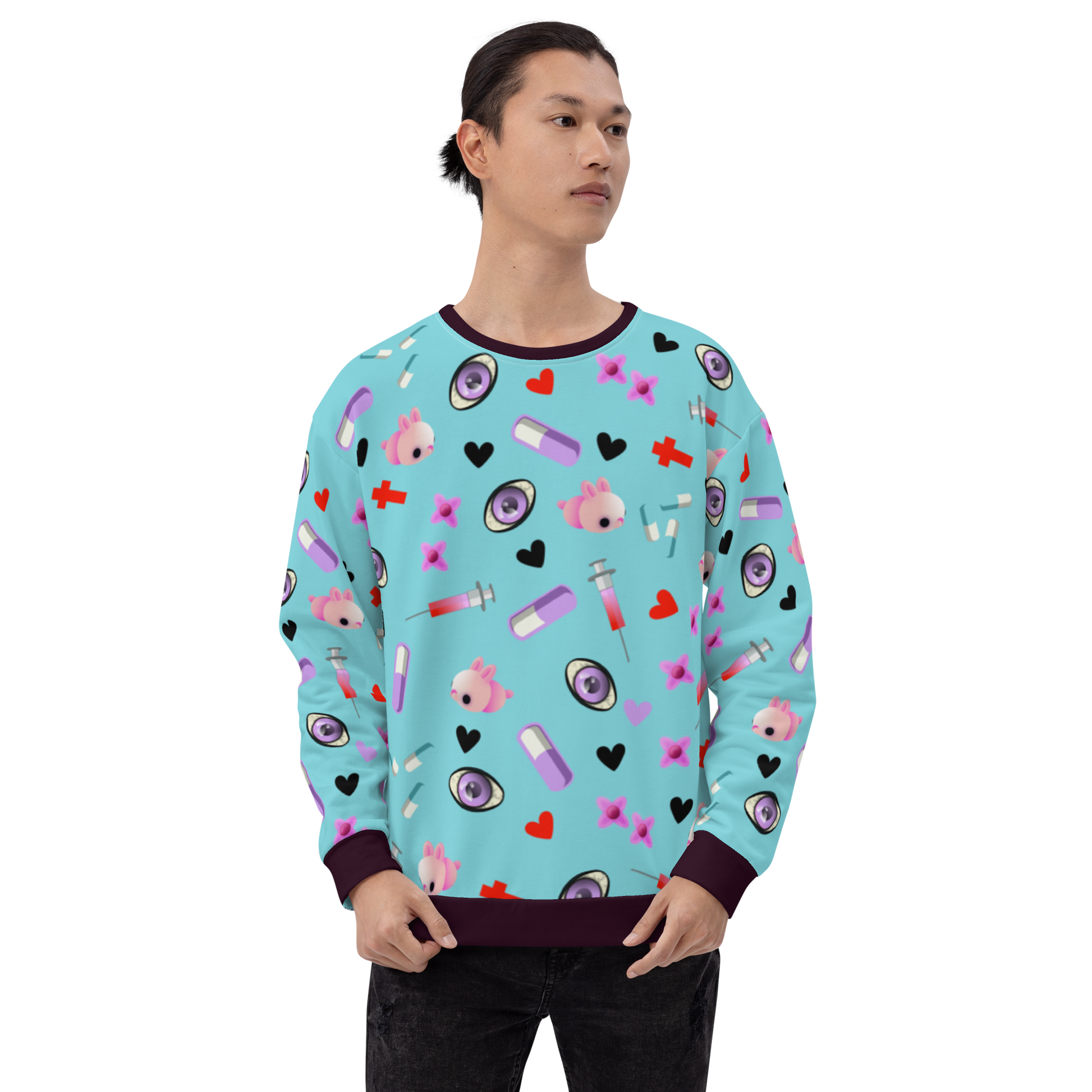 Turquoise Menhera Kei Yami Harajuku fashion sweatshirt, containing a collection of Menhera Kei symbols such as pills, syringes, spooky eyes, crosses and black hearts by BillingtonPix