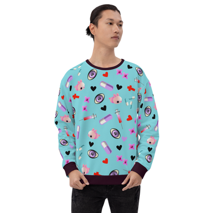 Turquoise Menhera Kei Yami Harajuku fashion sweatshirt, containing a collection of Menhera Kei symbols such as pills, syringes, spooky eyes, crosses and black hearts by BillingtonPix