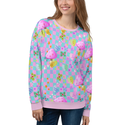 Fairy Kei Harajuku and Yume Kawaii Japanese streetwear style sweatshirt. With a chequered design in baby blue and pink with an overlay of mean love hearts and Japanese words and phrases this sweater brings out the Yami Kawaii and Menhera Kei hurt and sorrow emotions.