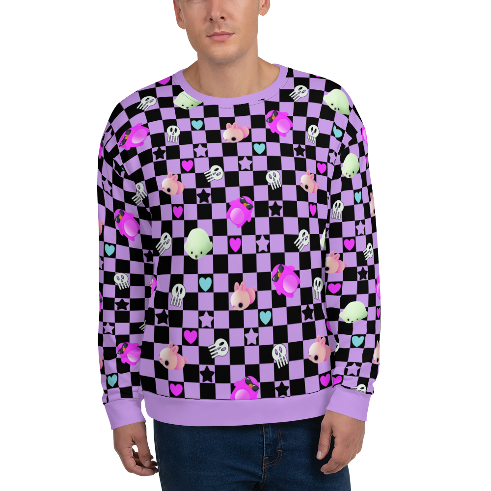 Stunning, vibrant and Yume Kawaii Harajuku aesthetic fashion sweatshirt in a check design of purple and black. Symbols of Fairy Kei with cute mochi mice, seals and penguins and also darker elements of Yami Kawaii with black hearts and skulls on this vibrant sweater by BillingtonPix