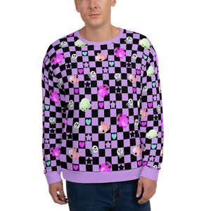 Stunning, vibrant and Yume Kawaii Harajuku aesthetic fashion sweatshirt in a check design of purple and black. Symbols of Fairy Kei with cute mochi mice, seals and penguins and also darker elements of Yami Kawaii with black hearts and skulls on this vibrant sweater by BillingtonPix