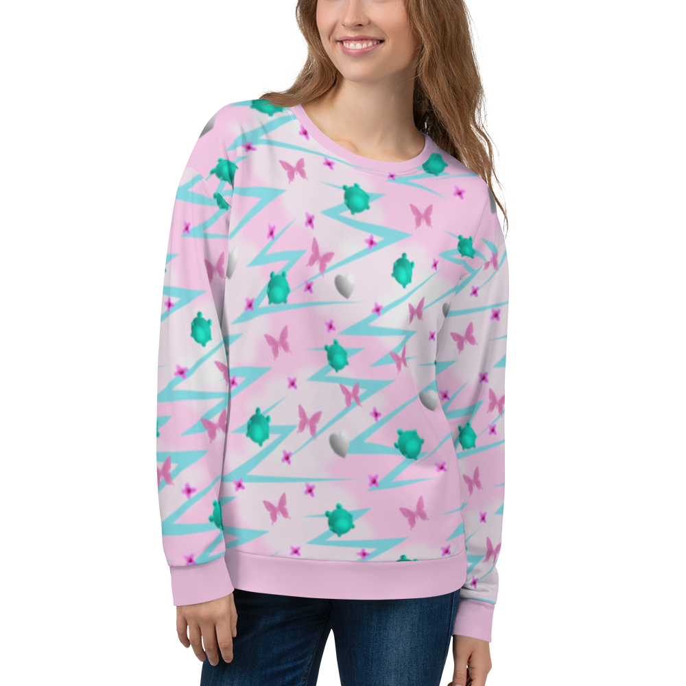 Stunning Yume Kawaii pink Fairy Kei Harajuku aesthetic design unisex sweatshirt, with turquoise blue frogs and pink butterflies, silver hearts and pink flowers in a mystical pattern of decora kei and pop kei design on this sweater by BillingtonPix