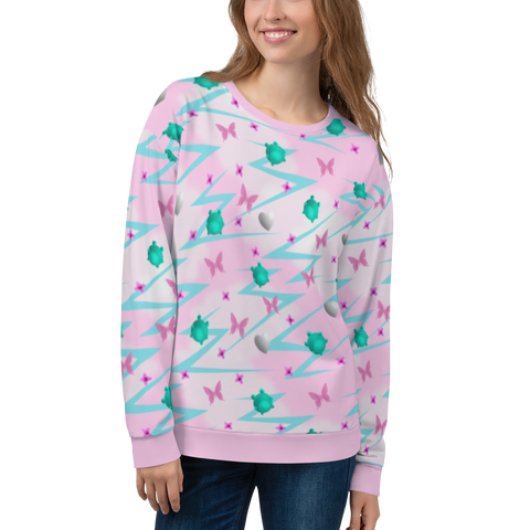Stunning Yume Kawaii pink Fairy Kei Harajuku aesthetic design unisex sweatshirt, with turquoise blue frogs and pink butterflies, silver hearts and pink flowers in a mystical pattern of decora kei and pop kei design on this sweater by BillingtonPix