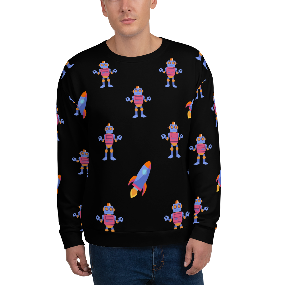 Retro style unisex sweatshirt with a colourful all-over print pattern of robots and rockets against a black background by BillingtonPix
