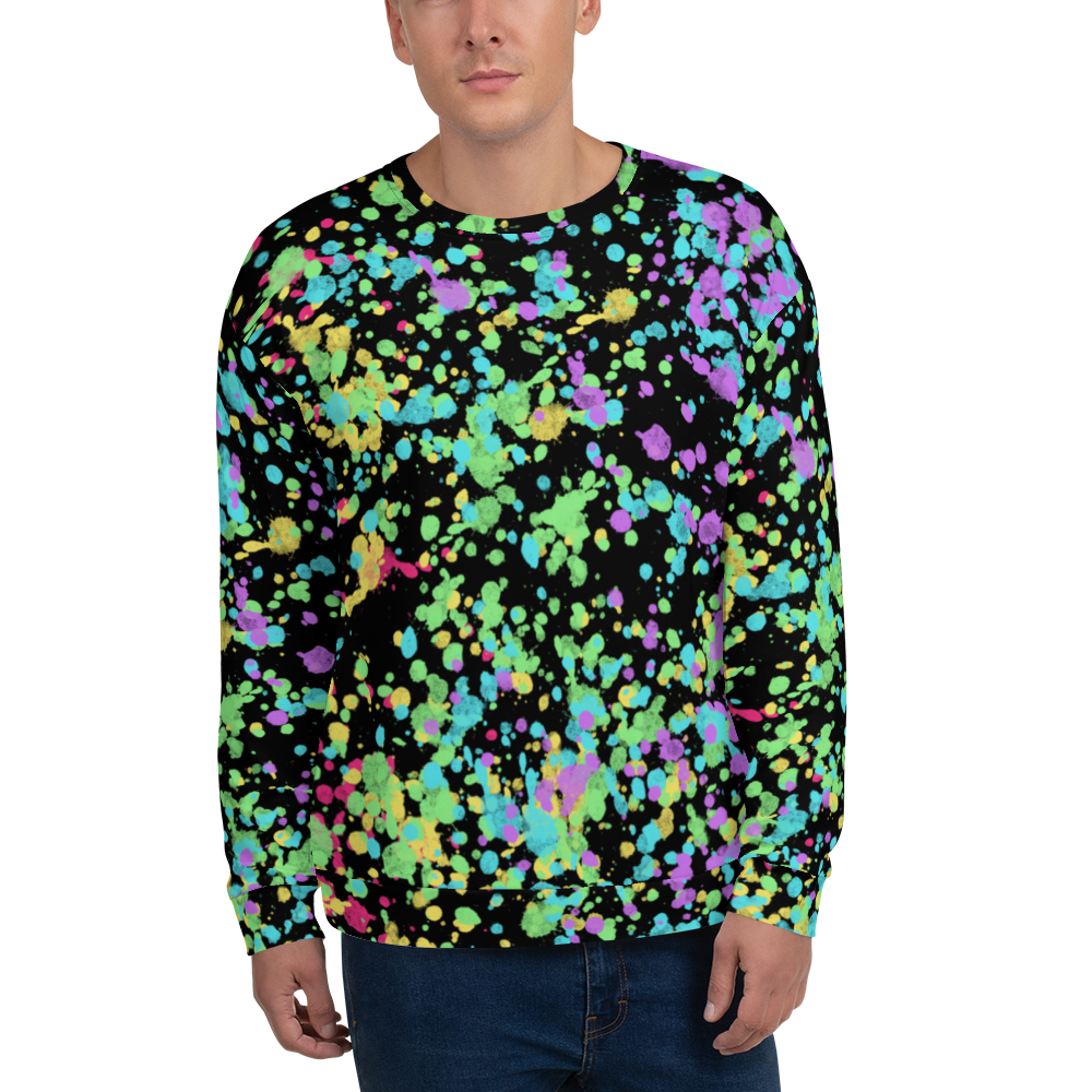 LGBT shirt with rainbow flag ink splats all over pattern against a black background on this unisex sweatshirt pullover by BillingtonPix