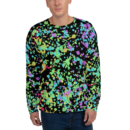 LGBT shirt with rainbow flag ink splats all over pattern against a black background on this unisex sweatshirt pullover by BillingtonPix