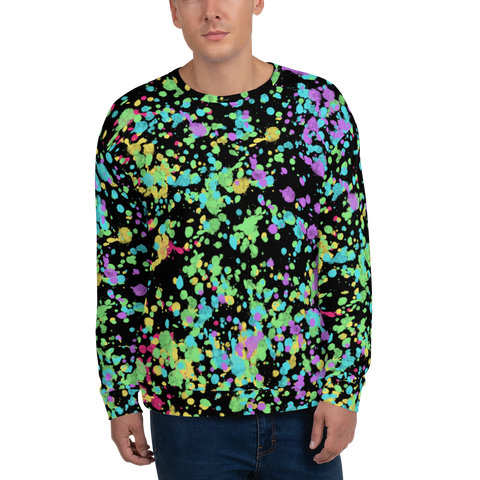 LGBT shirt with rainbow flag ink splats all over pattern against a black background on this unisex sweatshirt pullover by BillingtonPix