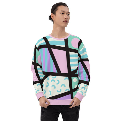 Pastel kawaii Harajuku patterned sweatshirt in pink, with Pastel Goth black criss-cross stripes. Geometric shapes in pastel grunge style with a Yami Kawaii vibe on this unique pullover sweater by BillingtonPix