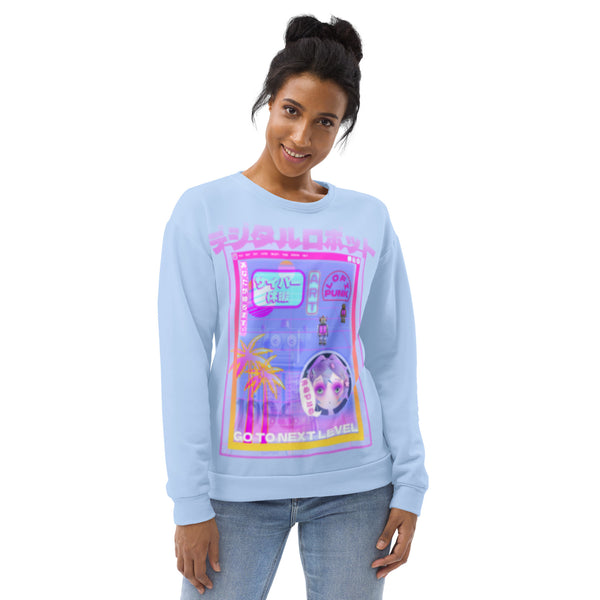 Cyberpunk vaporwave robots video game sweatshirt in pastel tones. Retro 90s gaming vibes on this sweater pullover in pastel blue. Japanese scripts, neon wave and anime graphic hoodie top by BillingtonPix