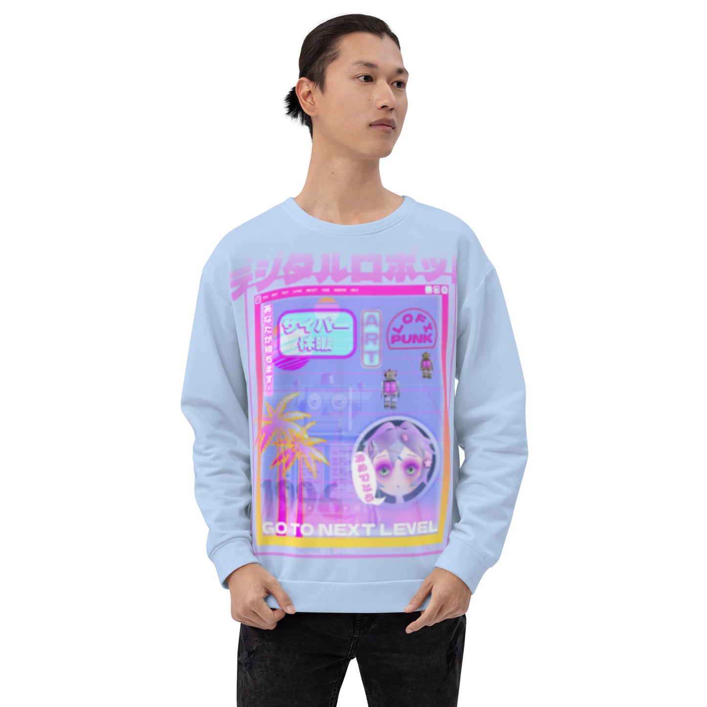 Cyberpunk vaporwave robots video game sweatshirt in pastel tones. Retro 90s gaming vibes on this sweater pullover in pastel blue. Japanese scripts, neon wave and anime graphic hoodie top by BillingtonPix