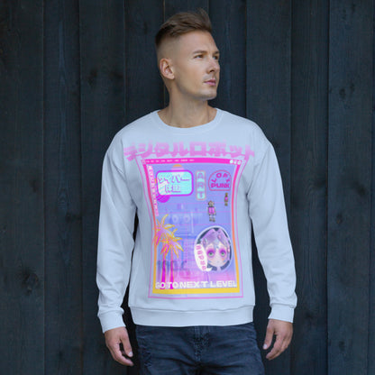 Cyberpunk vaporwave robots video game sweatshirt in pastel tones. Retro 90s gaming vibes on this sweater pullover in pastel blue. Japanese scripts, neon wave and anime graphic hoodie top by BillingtonPix