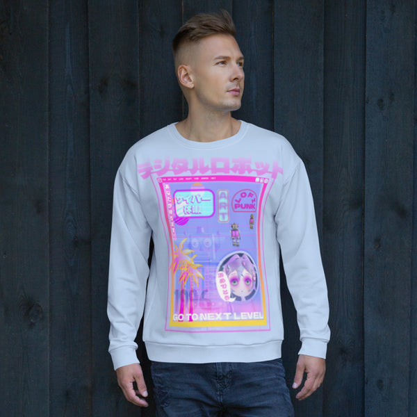 Cyberpunk vaporwave robots video game sweatshirt in pastel tones. Retro 90s gaming vibes on this sweater pullover in pastel blue. Japanese scripts, neon wave and anime graphic hoodie top by BillingtonPix