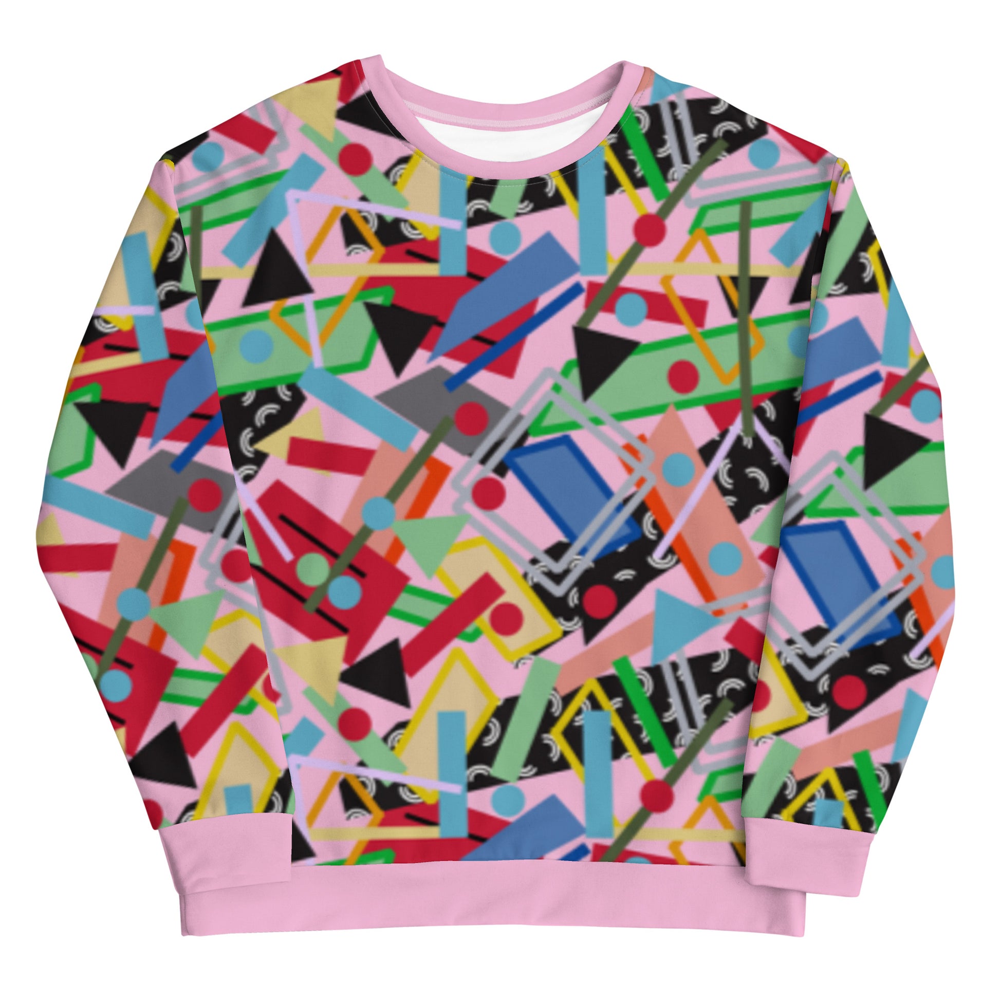 80s memphis style all over print sweatshirt in pink with geometric shapes in a crazy pattern like an arcade carpet. Fun sweater top in green, blue, red and orange two dimensional shapes and colors.