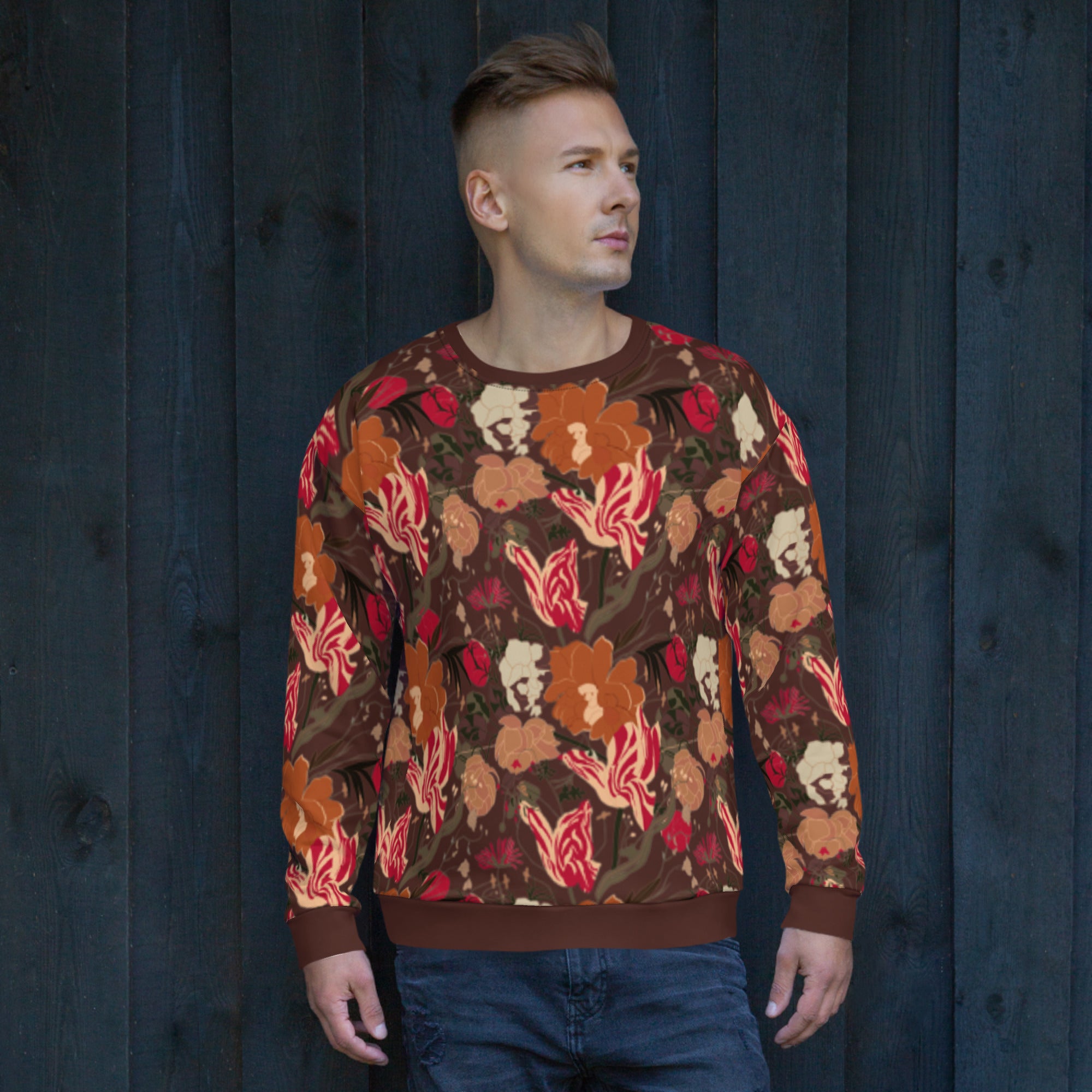 Victorian gothic dark academia and dark cottagecore all-over print floral sweatshirt in ox-blood red with viva magenta tulips and rich browns and oranges. Unisex long sleeve with crew neck, waistband and cuffs in matching brown. 