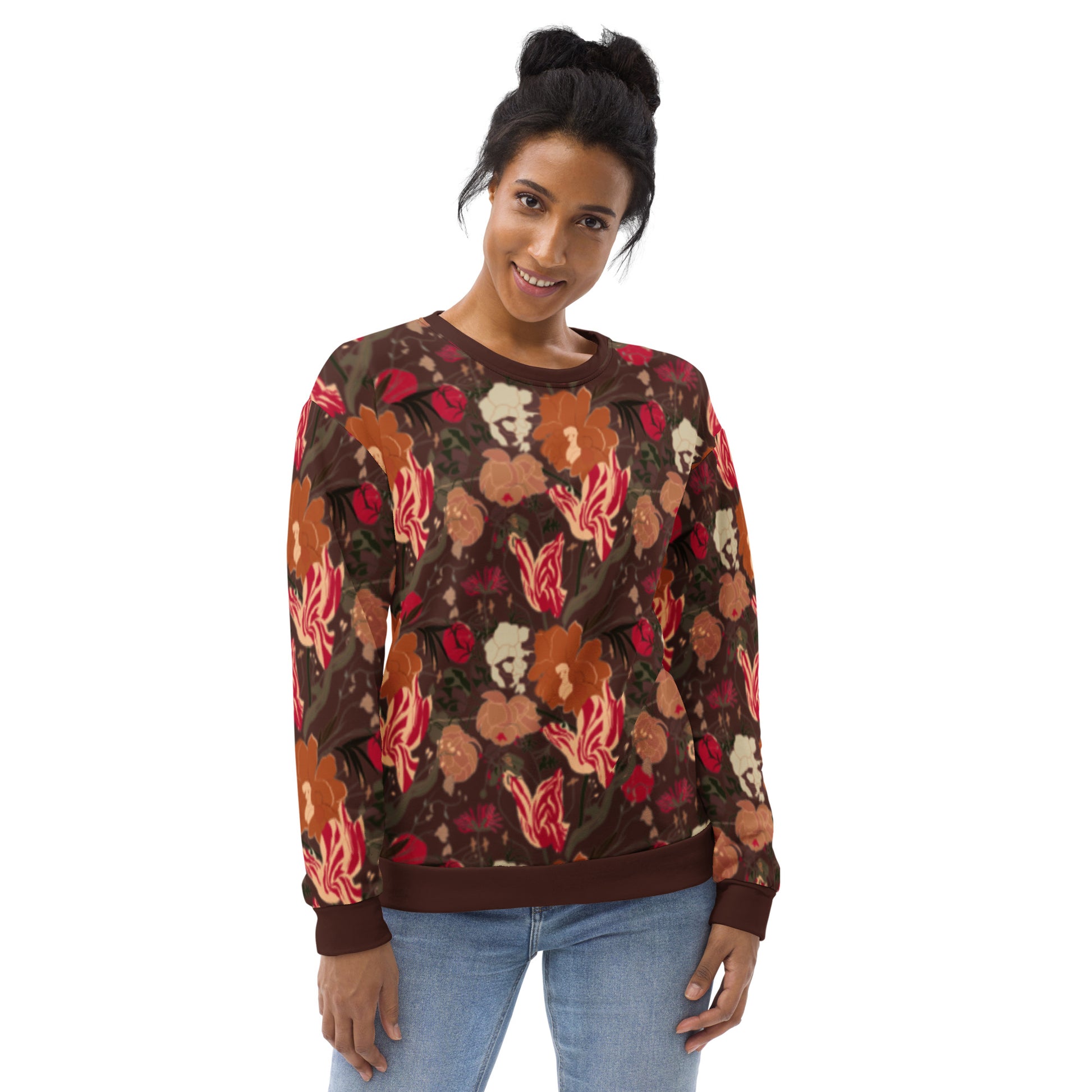 Victorian gothic dark academia and dark cottagecore all-over print floral sweatshirt in ox-blood red with viva magenta tulips and rich browns and oranges. Unisex long sleeve with crew neck, waistband and cuffs in matching brown. 