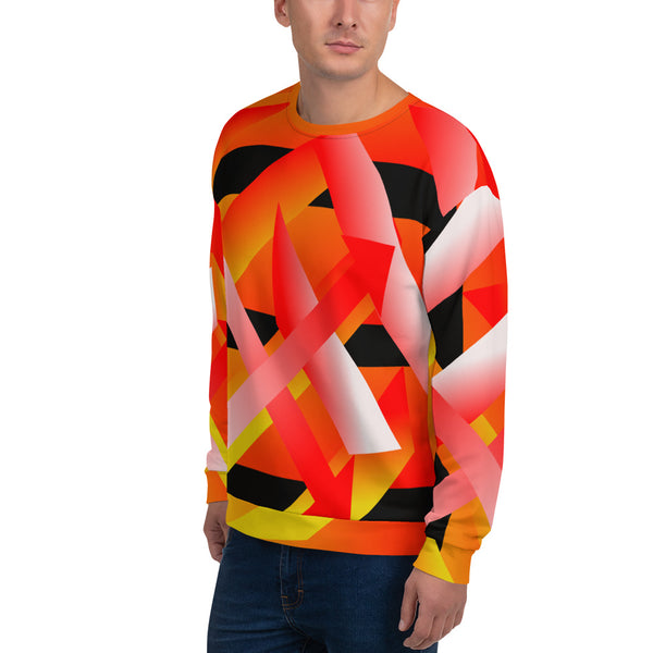 90s retro style geometric patterned sweatshirt in tones of orange, red, yellow, black and white by BillingtonPix