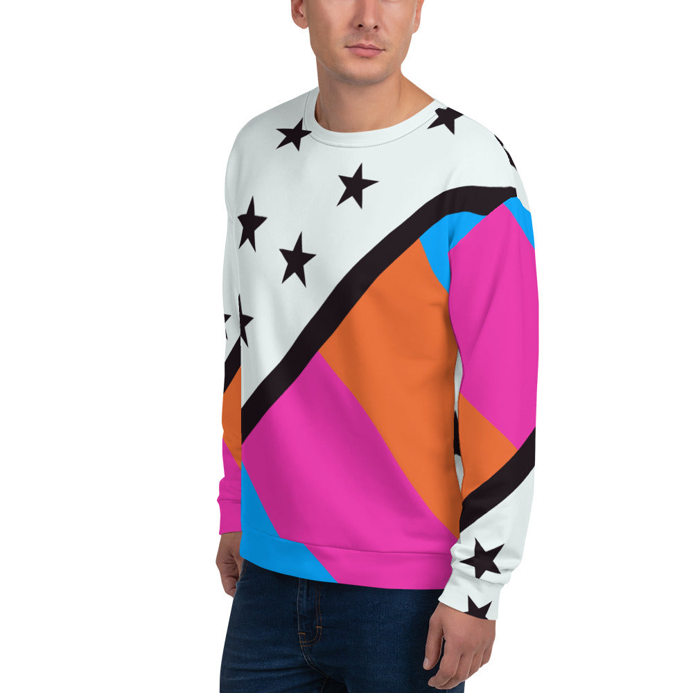 80s Memphis style sweatshirt with black stars and blue, orange and pink stripes by BillingtonPix